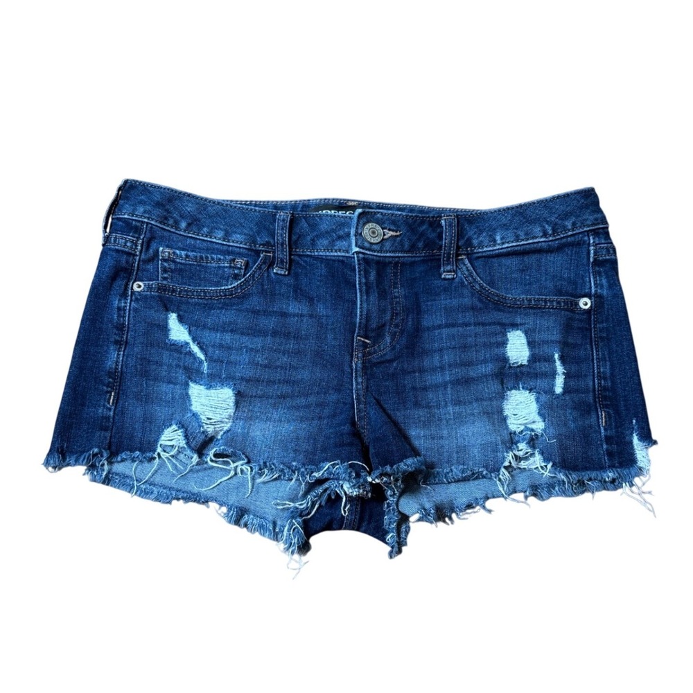 Express Jeans Shorts Women Blue Distressed Low Rise Shortie Cut Off SIZE 8